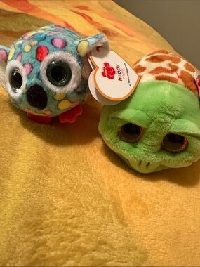 Ty Beanie Boos Aqua Polka Dot Owl & Green Turtle Plush Duo